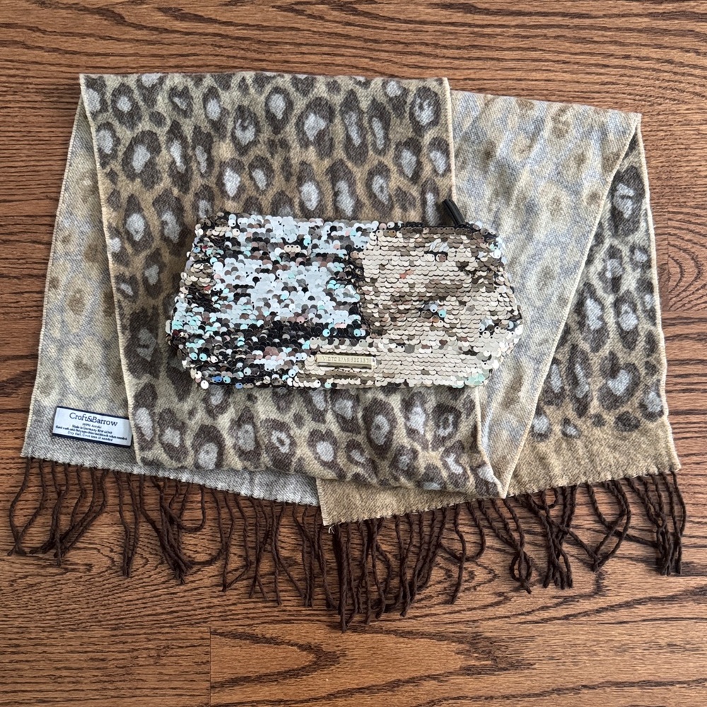 NWOT Croft & Barrow Animal Print Scarf with Victoria Secret Gold/Silver Clutch